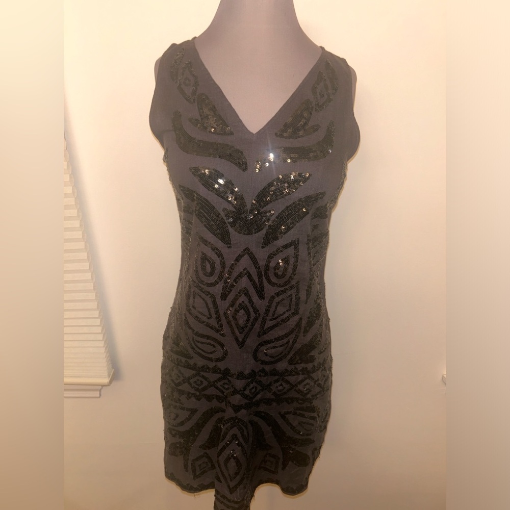 CALYPSO ST. BARTHS Gray Sequins V-Neck Sleeveless Tunic Linen Dress S
